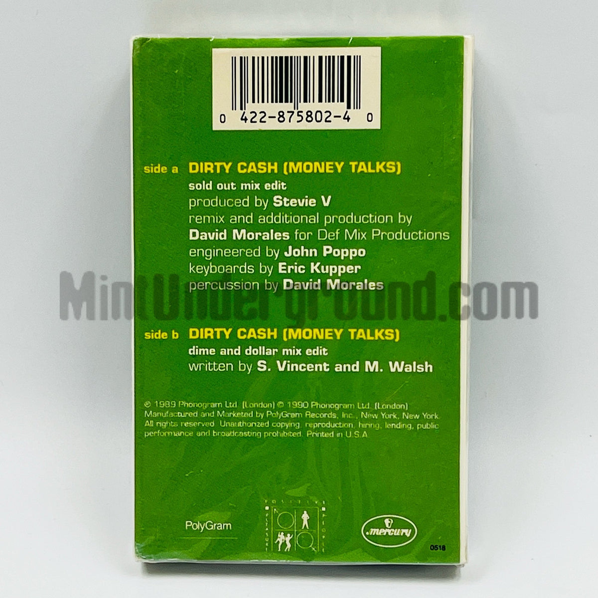 Adventures of Stevie V – Dirty Cash Cassette Single, back cover